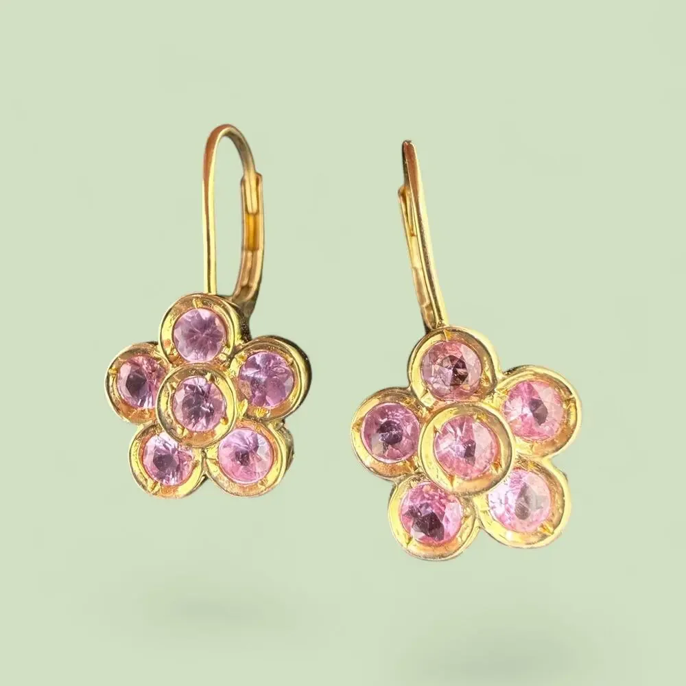 14k Yellow Gold Natural Pink Sapphire Flower Earrings Leverback Daisies Daisy